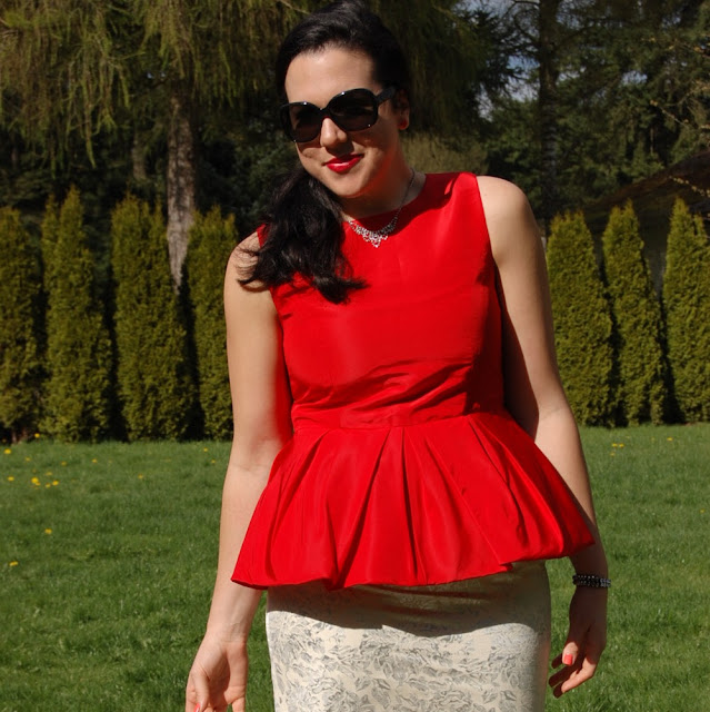 Tibi red peplum Forever 21 brocade pencil skirt, Chanel quilted handbag and Gucci patent pumps