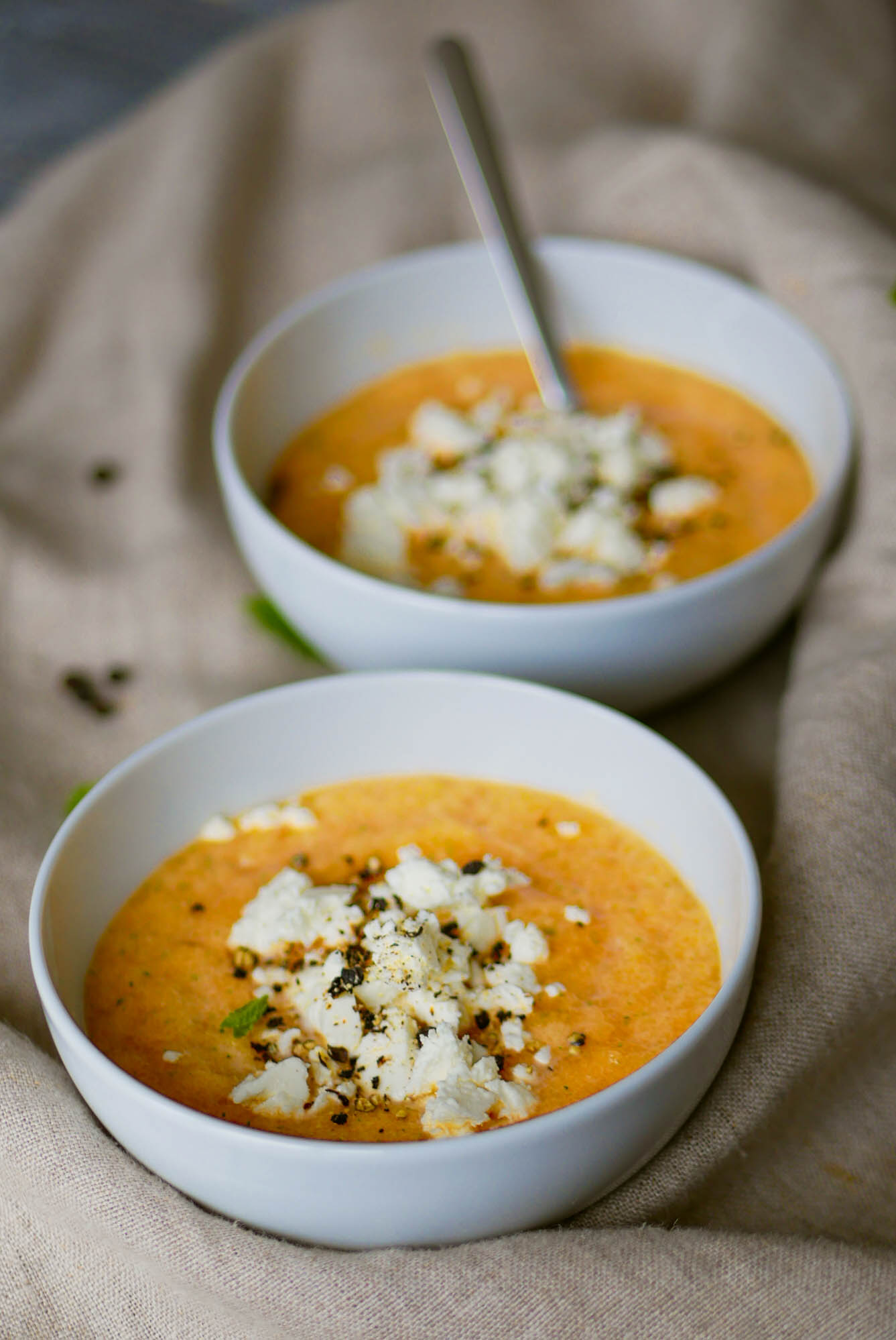 Gaspacho de melon à la feta, menthe et poivre noir Kodaï