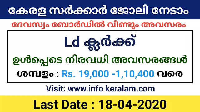 Kerala Devaswom  Board  Recruitment 2020 – Apply For 30 LD Clerk, Live Stock Inspector grade II and Other Vacancies.