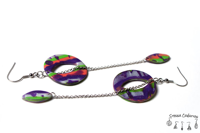 Boucles d'oreilles pâte polymère rayures violet vert corail argent Cernit Fimo Stenna Création