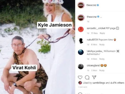 न्यूजीलैंड की वेबसाइट ने गले में पट्‌टा बंधे शख्स को विराट कोहली और रस्सी पकड़ने वाली महिला को जेमिसन बताया