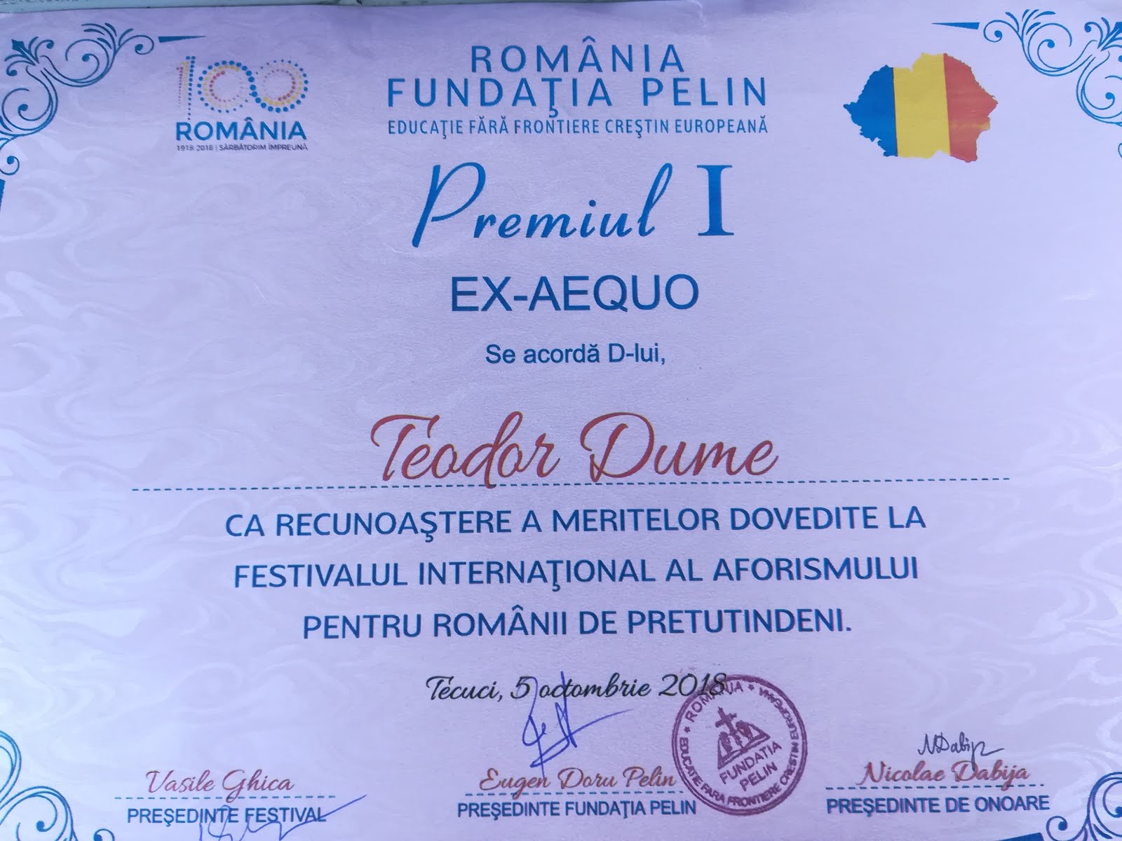 Teodor Dume,Premiul I- la Festivalul Internațional al aforismului,Tecuci/2018 (ediția a 2/a)