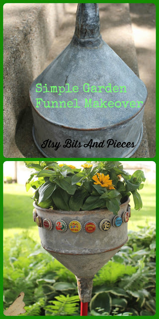 Making over an old farm garden funnel into a colorful planter from Itsy Bits And Pieces blog.