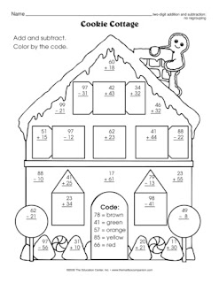 Karta pracy. Kolorowank z domem oprószonym śniegiem. Pola zawierają działania matematyczne typu 60+18 czy 79-13. Nazwy kolorów w języku angielskim.