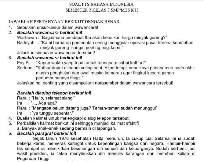 Soal UTS /PTS Bahasa Indonesia Kelas 7 SMP/MTs Semester 2 K13 Tahun