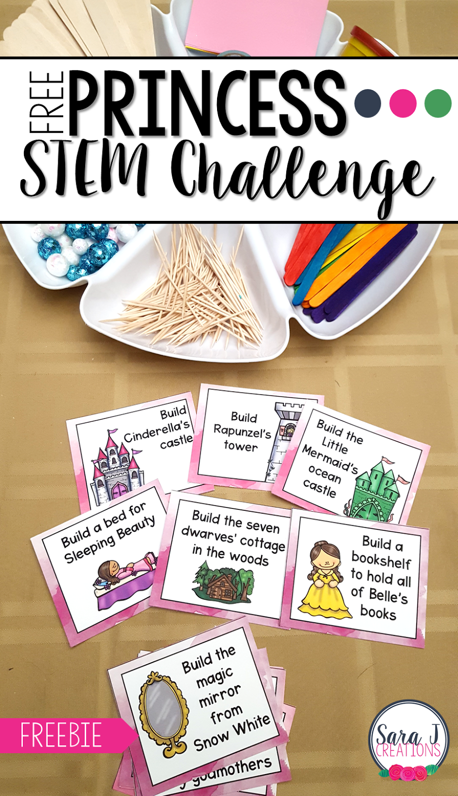 STEM challenges with a princess theme that includes FREE challenge cards. Just add your own STEM supplies.