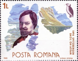 Romanian stamp of 1986 representing Bazil Assan and his expedition to Svalbard