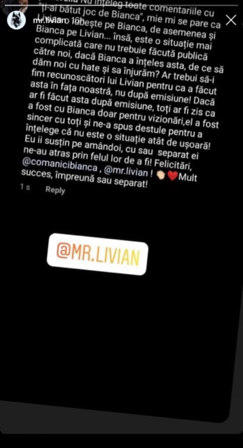 Primul mesaj al lui Livian despre despartirea de Bianca! Cum raspunde acuzatiilor ca si-ar fi batut joc de aceasta: ''E o situatie...''