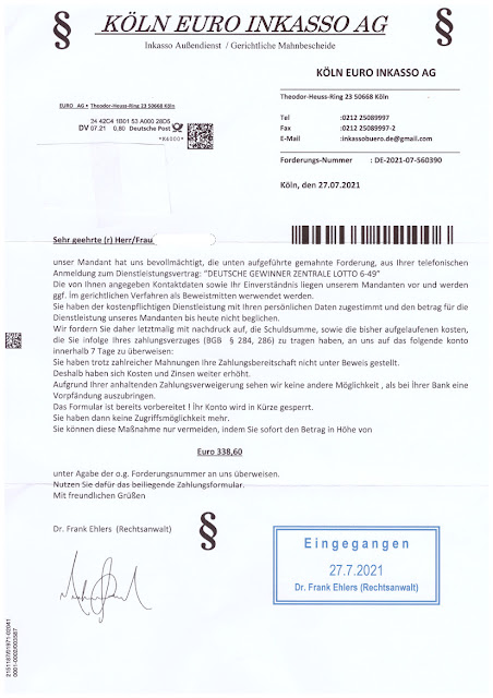 Scan: Köln Euro Inkasso AG Forderung / Seite 01 / Juli 2021