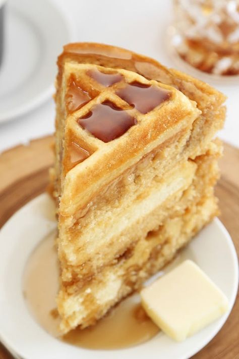 Make the cake layers a day ahead of time (if time allows) and wrap well in plastic wrap. This will improve the texture of the cake and the waffles will become soft. If your oven has a tendency to over-brown, place a sheet of aluminum foil over the cake pans to protect the waffles.