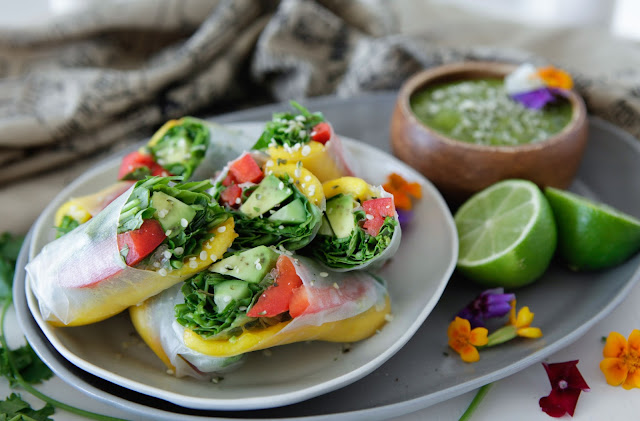 Summer Rice Paper Rolls with Mango Coriander Dip