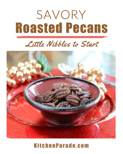 Savory Roasted Pecans, a great last-minute appetizer or hostess gift ♥ KitchenParade.com, just pecan halves roasted with Worcestershire sauce, Tabasco and savory spices.