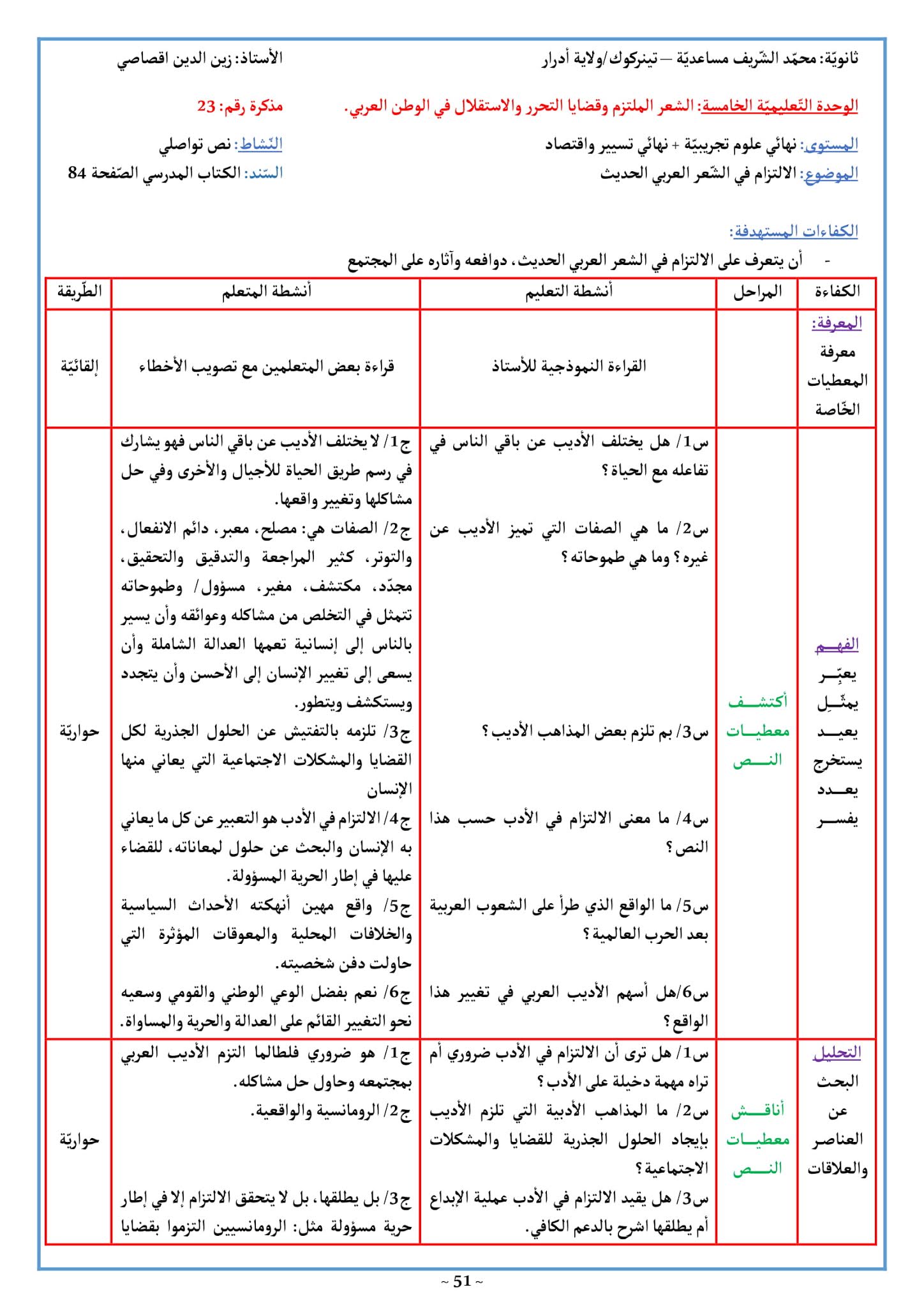 تحضير نص الإلتزام في الشعر العربي الحديث 3 ثانوي