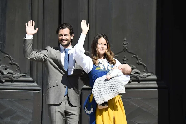 Prince Carl Philip, Princess Sofia Hellqvist and son Prince Alexander open the gate of the Royal Palace for the National Day Celebrations