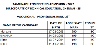 TAMILNADU ENGINEERING ADMISSION - 2022 - VOCATIONAL - PROVISIONAL RANK LIST - PDF