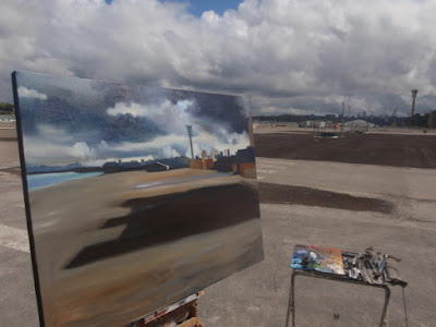 plein air oil painting of  now demolished East Darling Harbour Wharves - now Barangaroo by industrial heritage and marine artist Jane Bennett