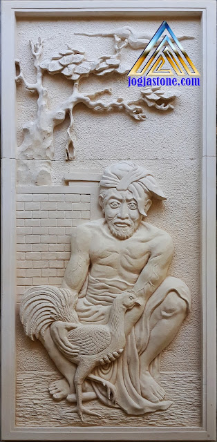 Relief batu alam paras jogja / batu putih untuk hiasan tempel dinding lukisan adu ayam jago