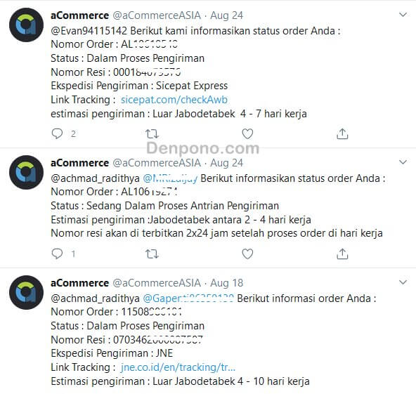 Cek Resi aCommerce Melalui Twitter