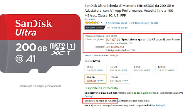 Offerta del giorno: microSD 200 GB SanDisk Classe 10, U1 a 67 euro venduta e spedita da Amazon