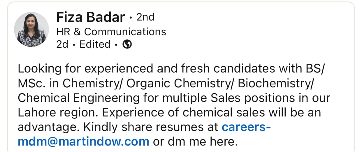 Fresh Chemical Engineer Job In Pakistan