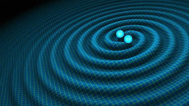 Впечатление художника о гравитационных волнах, генерируемых двумя нейтронными звездами.