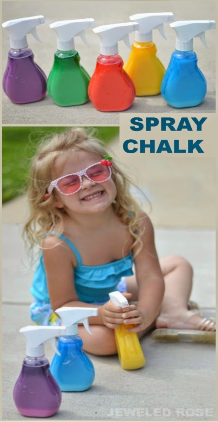 Keep kids busy with this easy to make spray chalk perfect for summer! #spraychalkpaint #homemadechalk #sidewalkchalk #chalkartideas #growingajeweledrose #activitiesforkids