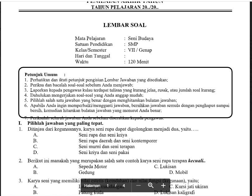 Soal dan Kunci Jawaban PAT Seni Budaya Kelas 7 Kurikulum