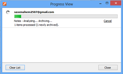 Vista de progreso de MailStore