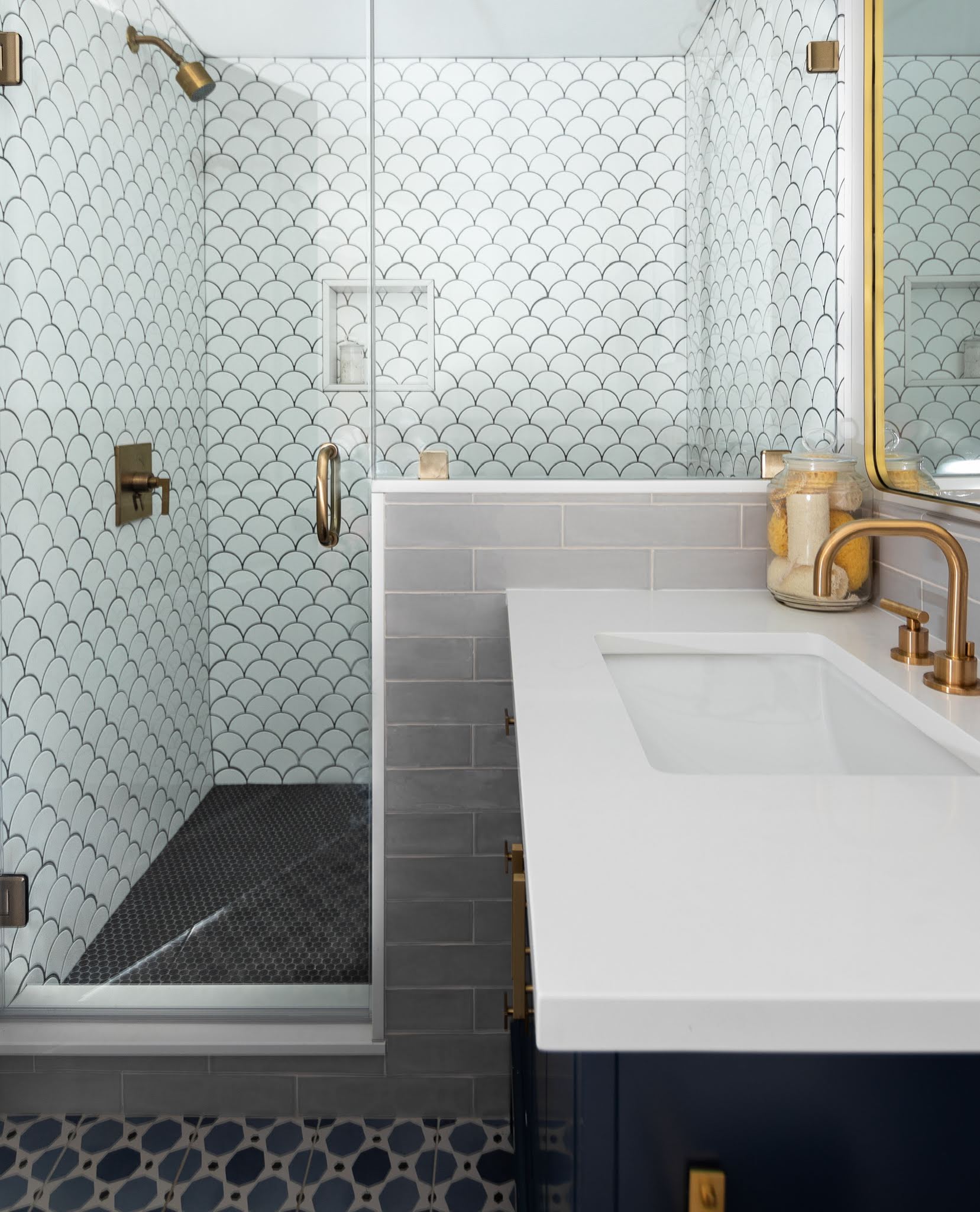 TWO MODERN BATHROOM REVEALS - WITH BRASS - MATTE BLACK AND MARBLE — S / N
