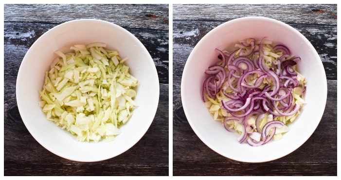 Making carrot & dill coleslaw - step 1 Making carrot & dill coleslaw - step 1 - chopped cabbage & red onion
