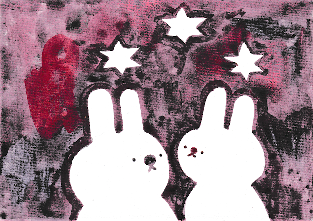 Two bunnies stand under some six-pointed stars in a watery purple sky.
