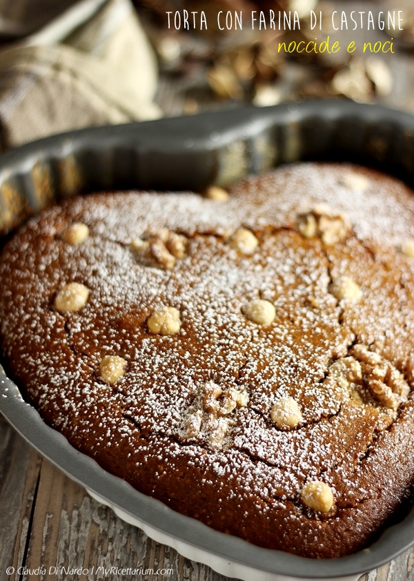 Torta con farina di castagne, nocciole e noci