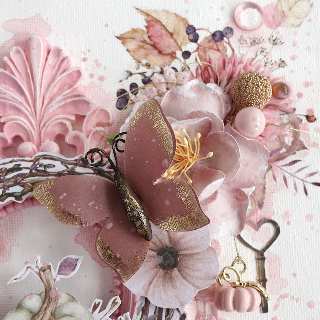 Fall mixed media canvas made with: Prima Marketing Hello Pink Autumn paper, rub ons; Sharon Ziv butterflies, flowers; Finnabair melange, impasto, grungy frames resin, melange; Frank Garcia Christmas Sparkle beaded berries, Thirty One metal pumpkin charms; lace