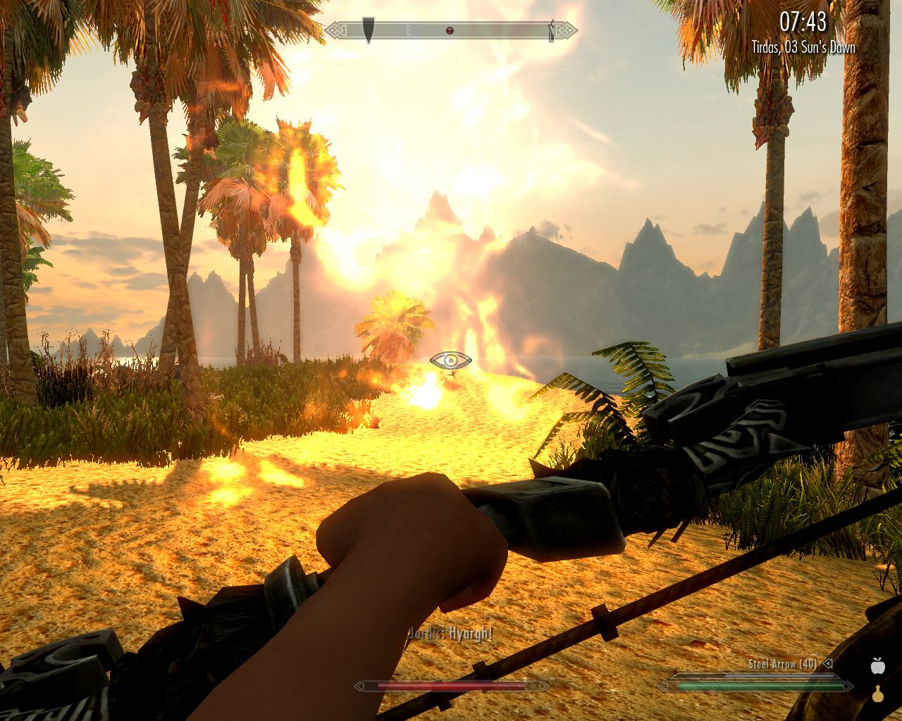 protagonist aiming bow at an enemy on sandy ground in the distance who is surrounded by huge flames