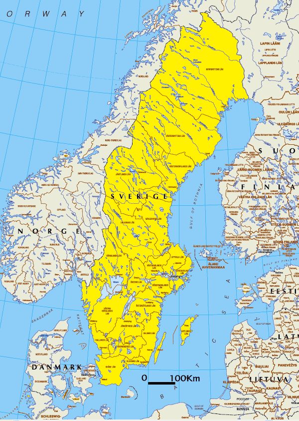 Politische Landkarte von Schweden (in Landessprache) | Weltatlas
