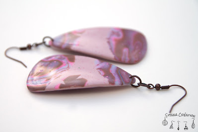 Boucles oreilles pâte polymère Mokume Gane Rose Taupe Vert Cernit Fimo Stenna Création