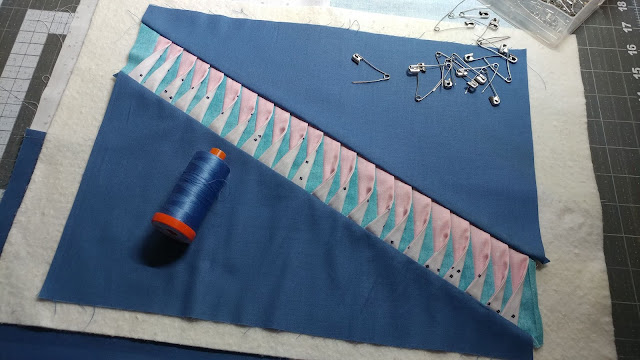 Pin basting to prep for quilting