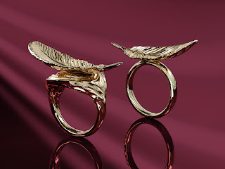 Rings with a Feather. Sophisticated jewelry design. Sculpted jewellery.