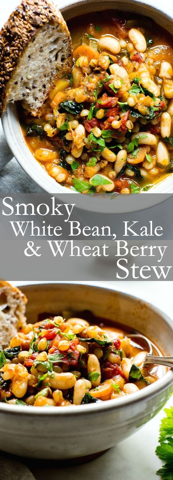 Packed with earthy flavors, texture rich Smoky White Bean Kale and Wheat Berry Stew is quick to pull together with a long, slow simmer. Serve with the crustiest, seediest sourdough for a super cozy meal. #VeganStew #VeganFood #Veganrecipes #VegetarianRecipes