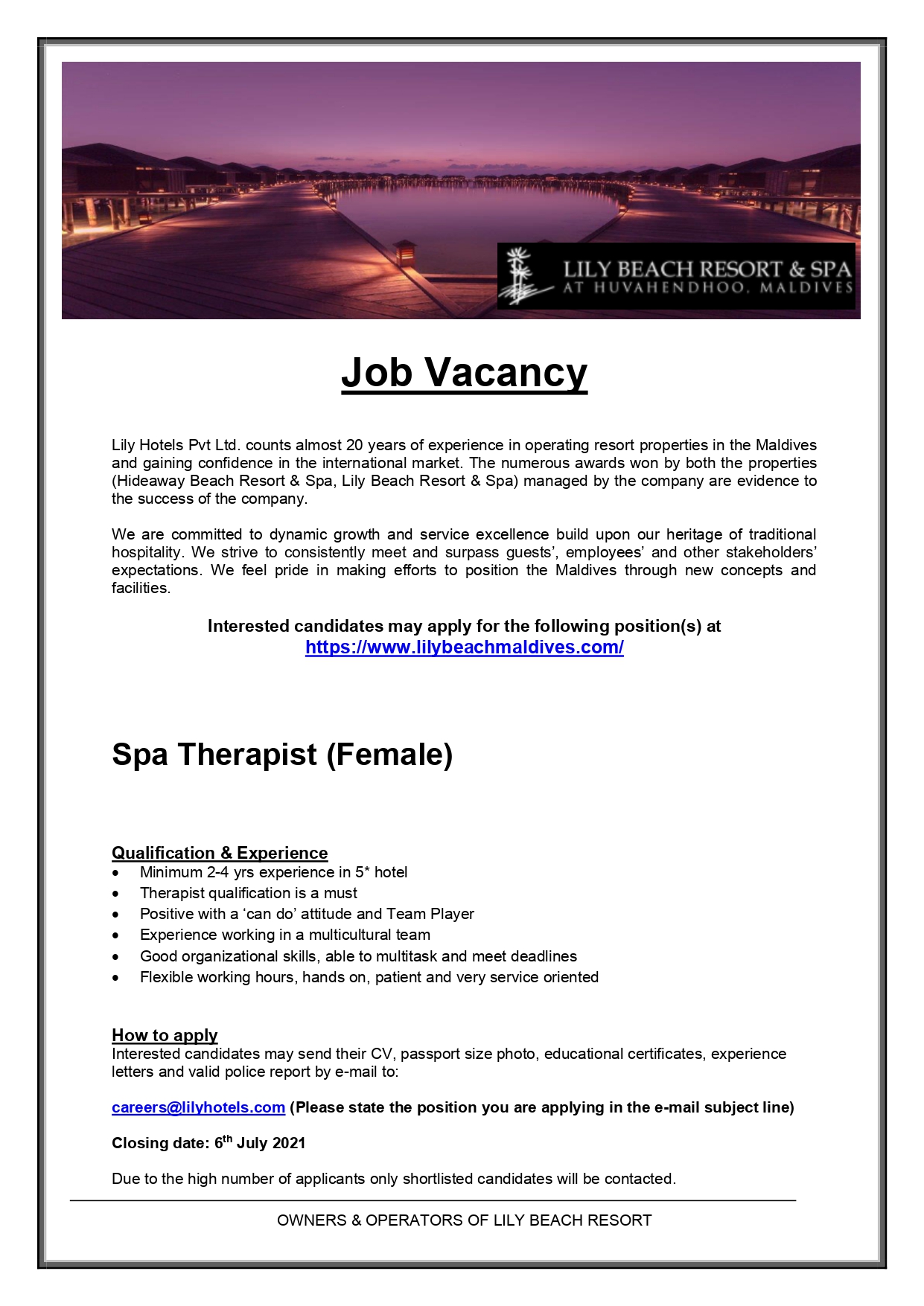 Job Maldives Fresh Jobs in Maldives Spa Therapist Job Vacancy at