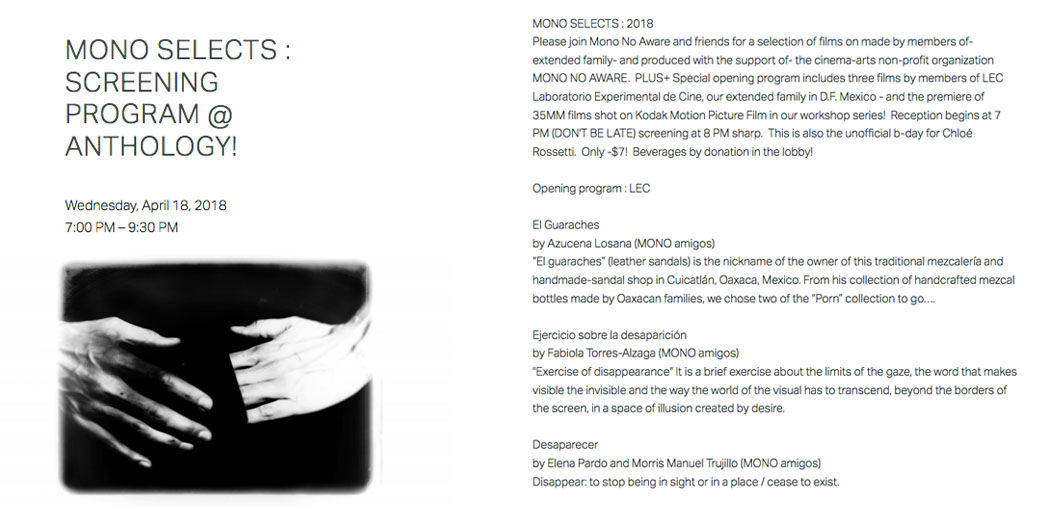 MONO Selects :Screening program by artists in the MONO community