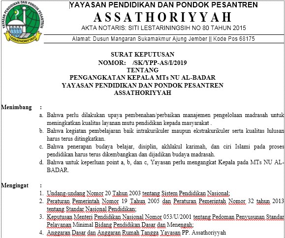 Sk Tetap Kepala Madrasah Kemenag 2019 Mts Nu Al Badar