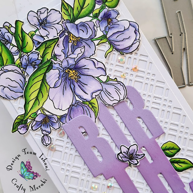 Slim line floral card, Birthday card, crafty Meraki dies, Crafty Meraki floral stamps, Purple flowers card, Copic coloring, Quillish