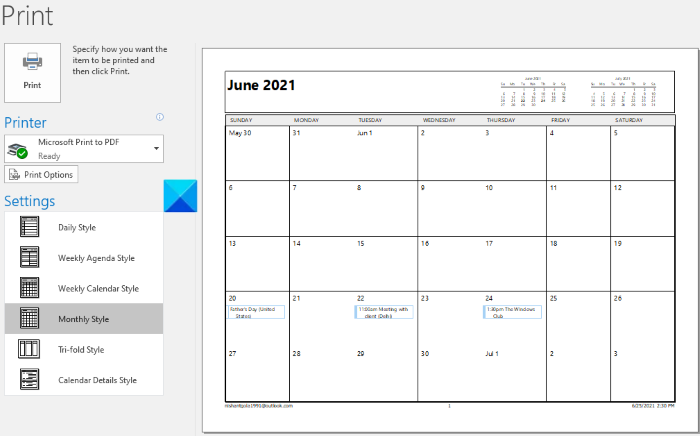 Outlookカレンダーを印刷する