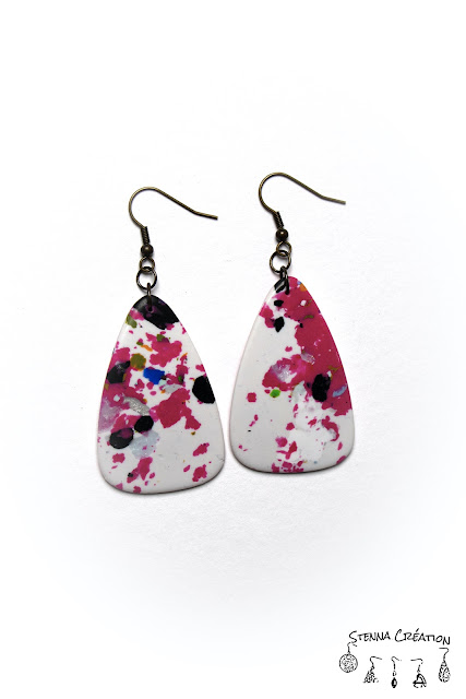 Boucles oreilles pate polymere reste de pate rose blanc noir Fimo Cernit Stenna Création