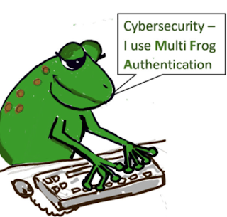 picture of a frog typing at a computer, speech bubble says 'i use MFA multi frog authenticaiton'