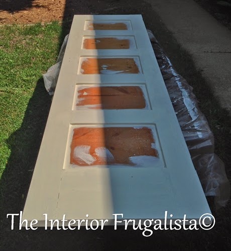 How to repurpose an old 5-panel door into an outdoor flower planter, plus how to make decorative faux oxidized copper tin panels for each door panel.