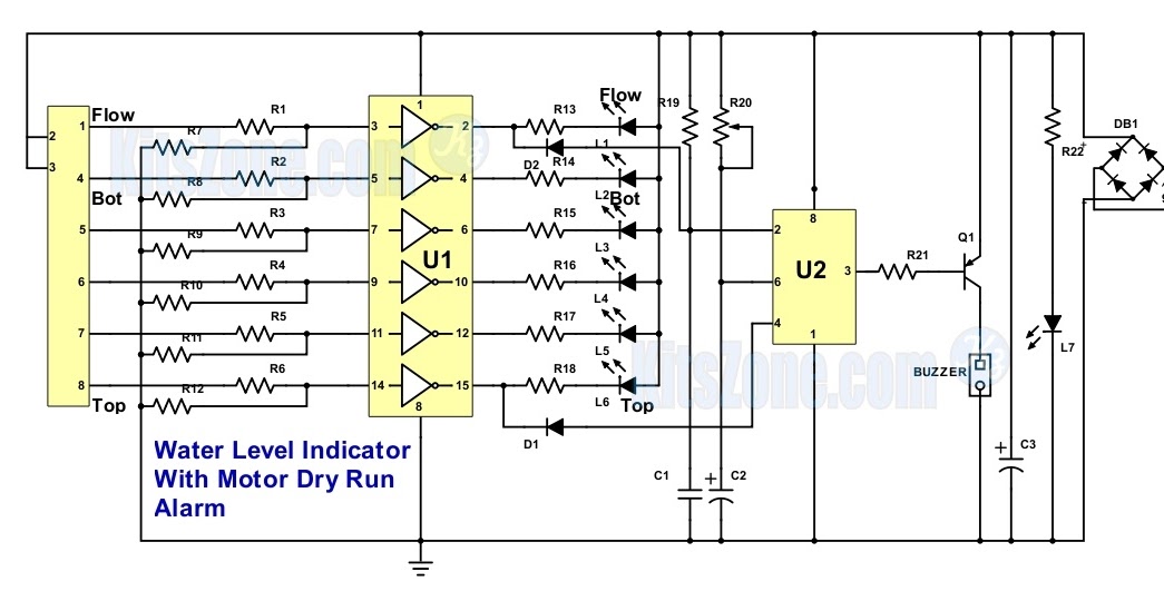 Water Level Indicator Circuit Project Using IC 555 With Motor Dry Run