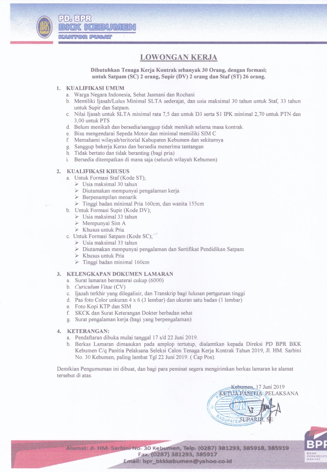 Lowongan Pekerjaan Pegawai Bpr Bkk Kebumen