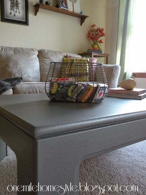 Dark Gray Coffee Table Styled With Books and a Basket